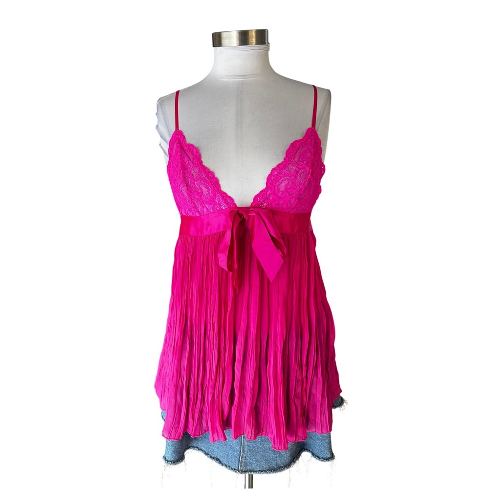 Y2K Victoria's Secret Babydoll Top Small Pink Lace Pleated Satin Bow Lingerie